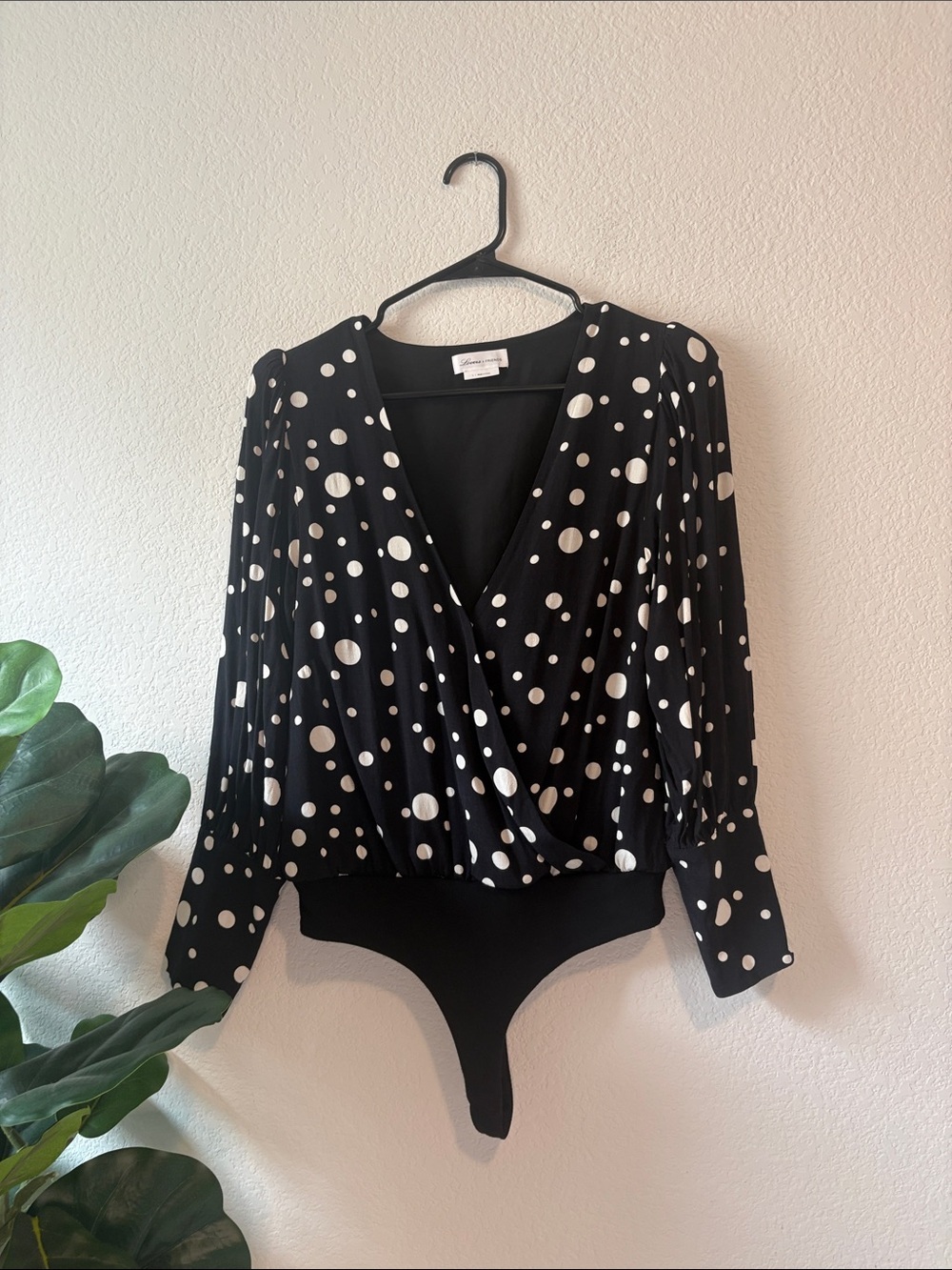 Lovers + Friends Small Black white Polka Dot Wrap long sleeve Bodysuit